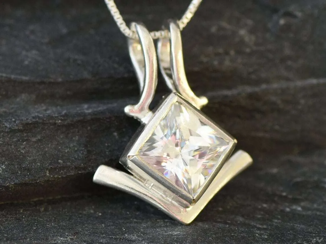 Square Diamond Necklace - Created CZ Diamond Pendant - Asymmetric Silver Necklace