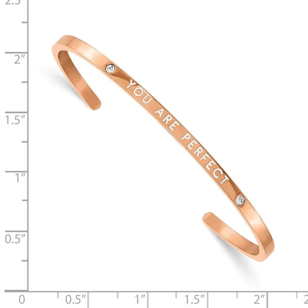 Stainless Steel Polished Rose IP Enamel/Crystal YOU ARE PERFECT Bangle