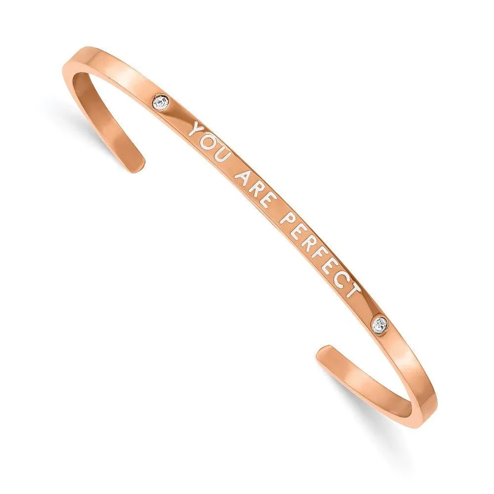 Stainless Steel Polished Rose IP Enamel/Crystal YOU ARE PERFECT Bangle