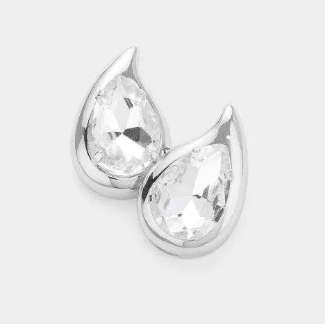 Teardrop Stone Earrings - Silver w/ Clear Stones