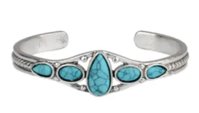 TEARDROP TURQUOISE COLOR STONE SILVER CUFF BRACELET (sold by the piece)