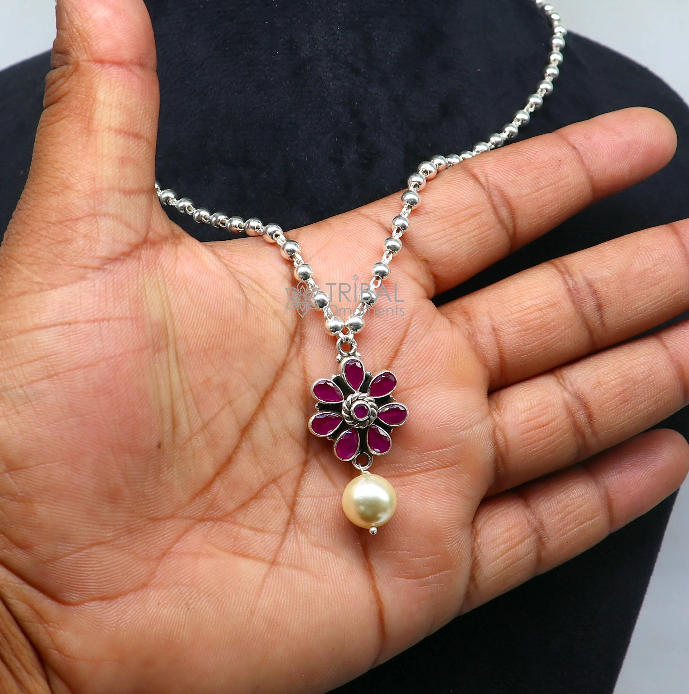Traditional cultural trendy 925 sterling silver plain beads ball chain necklace with flower design pendant and hanging pearl jewelry set577