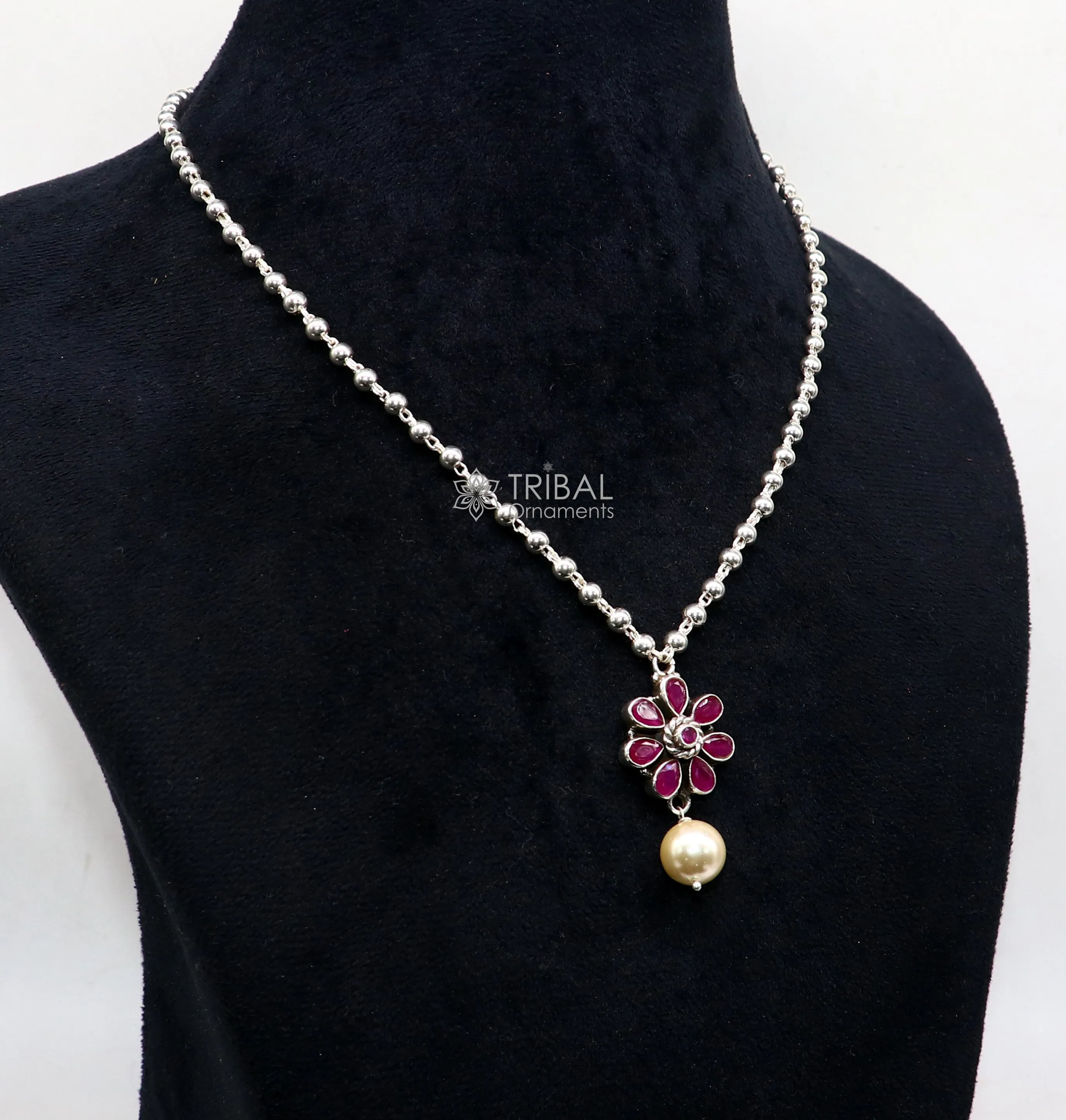 Traditional cultural trendy 925 sterling silver plain beads ball chain necklace with flower design pendant and hanging pearl jewelry set577