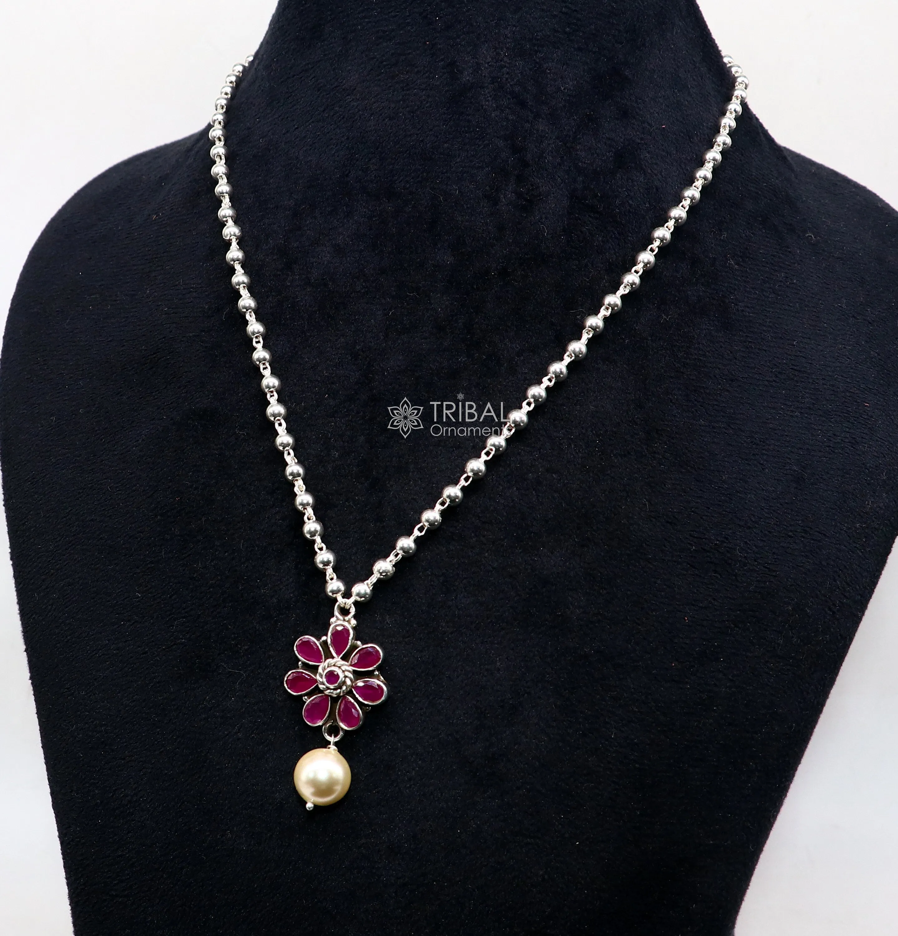 Traditional cultural trendy 925 sterling silver plain beads ball chain necklace with flower design pendant and hanging pearl jewelry set577