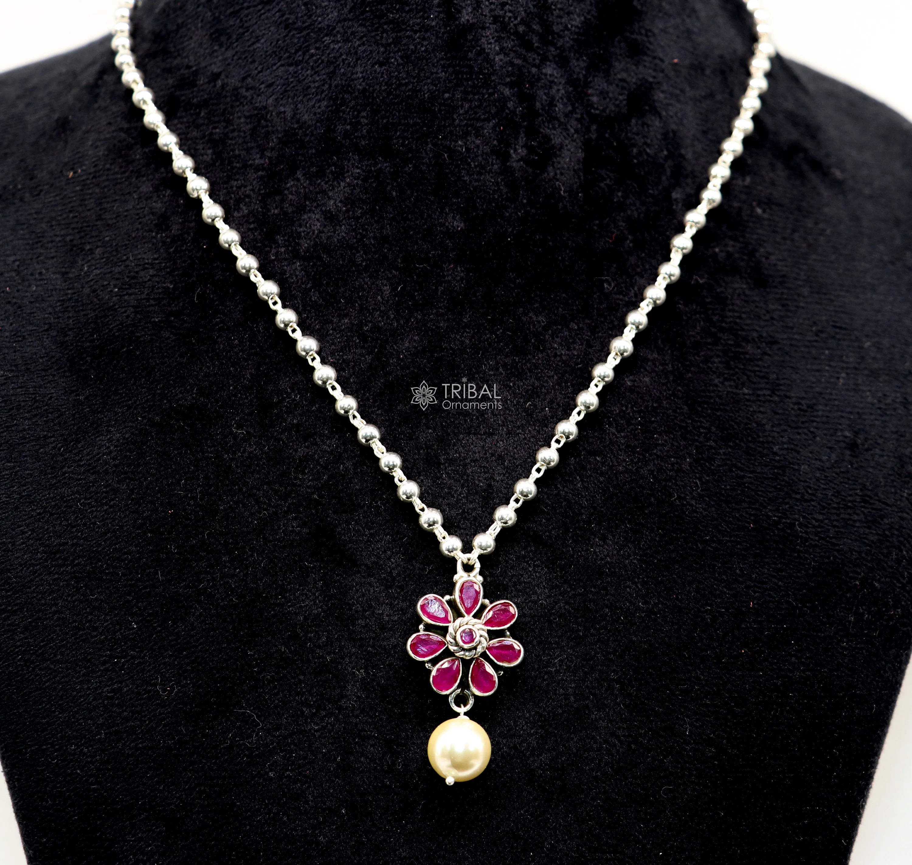 Traditional cultural trendy 925 sterling silver plain beads ball chain necklace with flower design pendant and hanging pearl jewelry set577