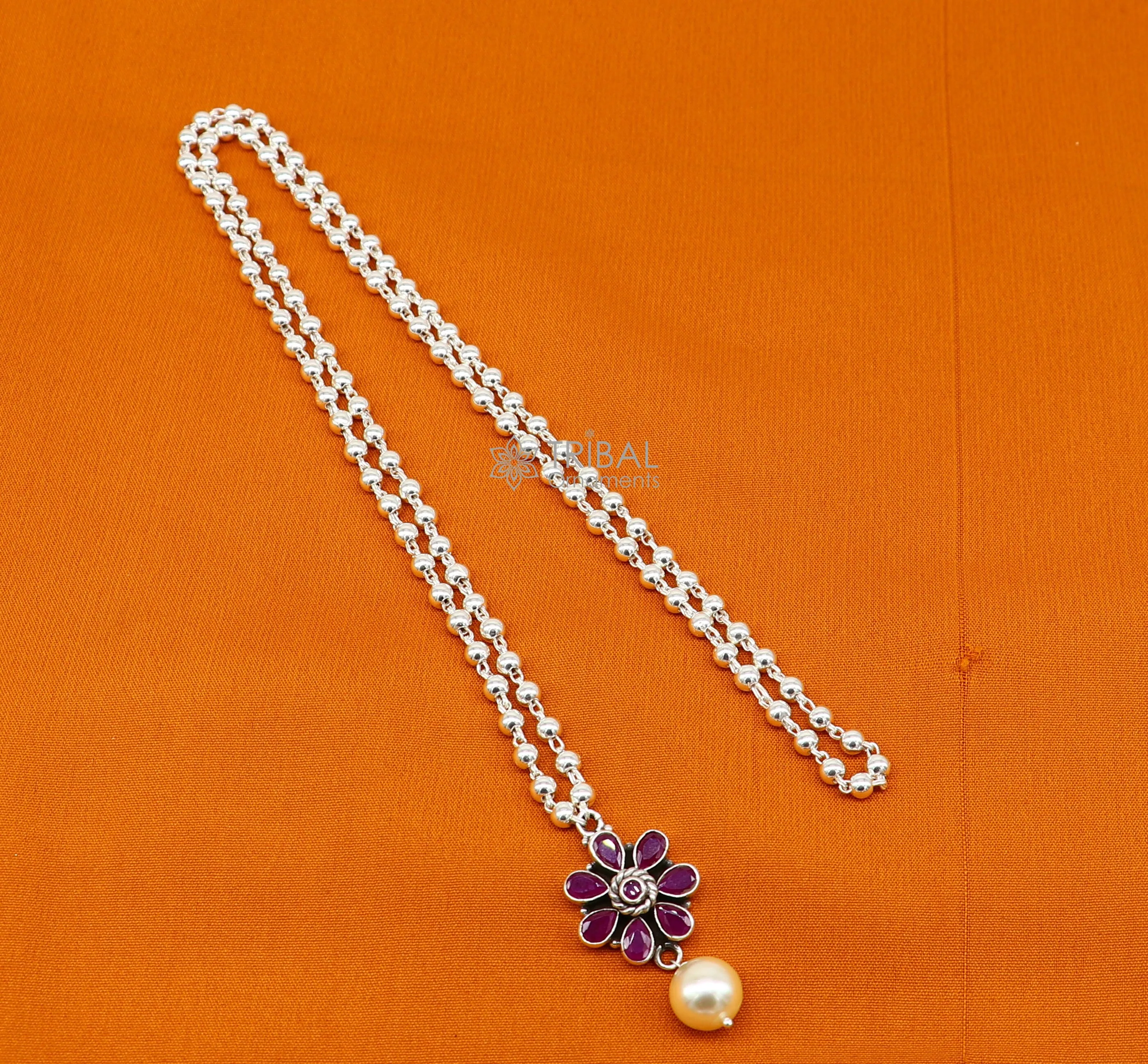 Traditional cultural trendy 925 sterling silver plain beads ball chain necklace with flower design pendant and hanging pearl jewelry set577