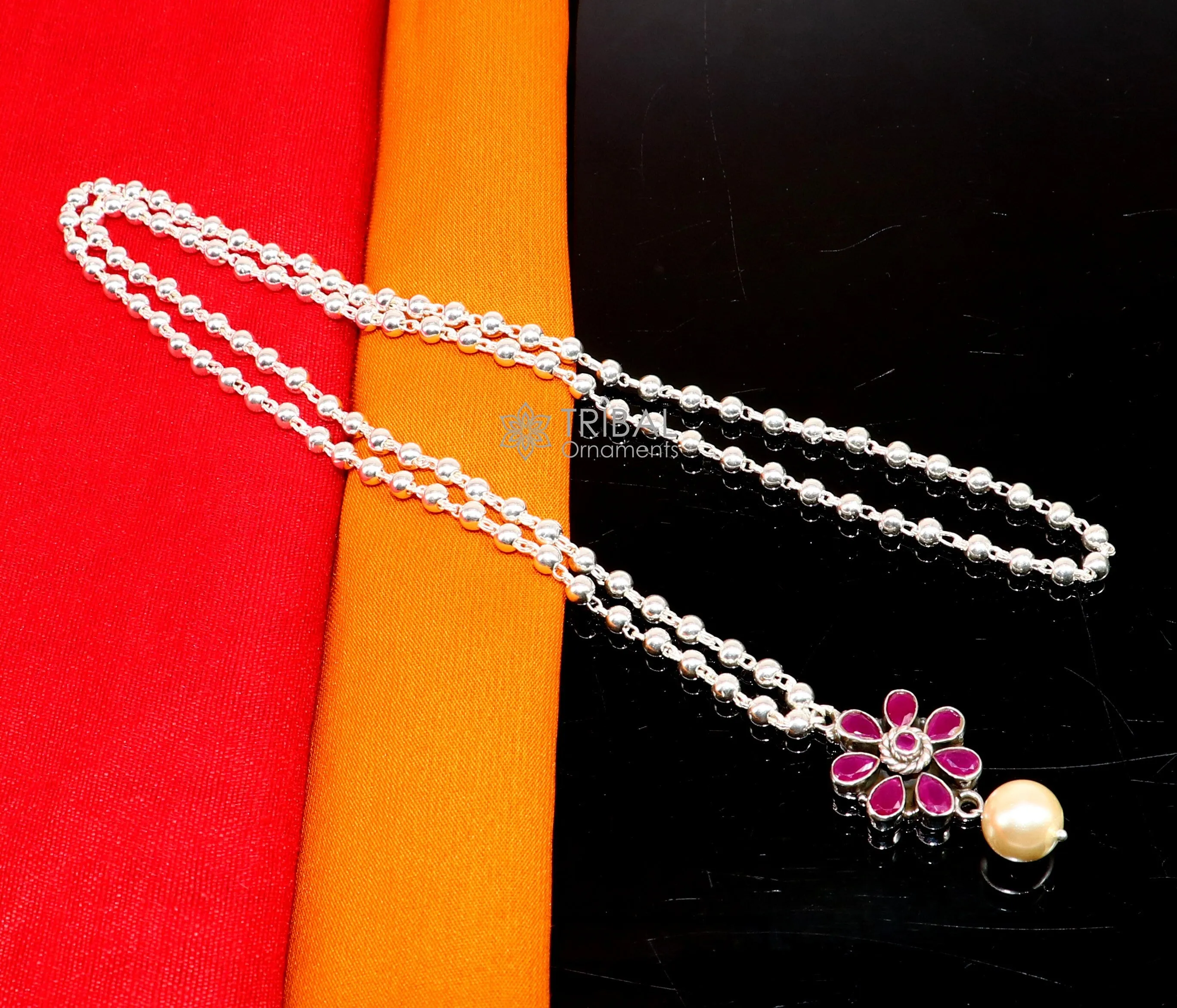 Traditional cultural trendy 925 sterling silver plain beads ball chain necklace with flower design pendant and hanging pearl jewelry set577
