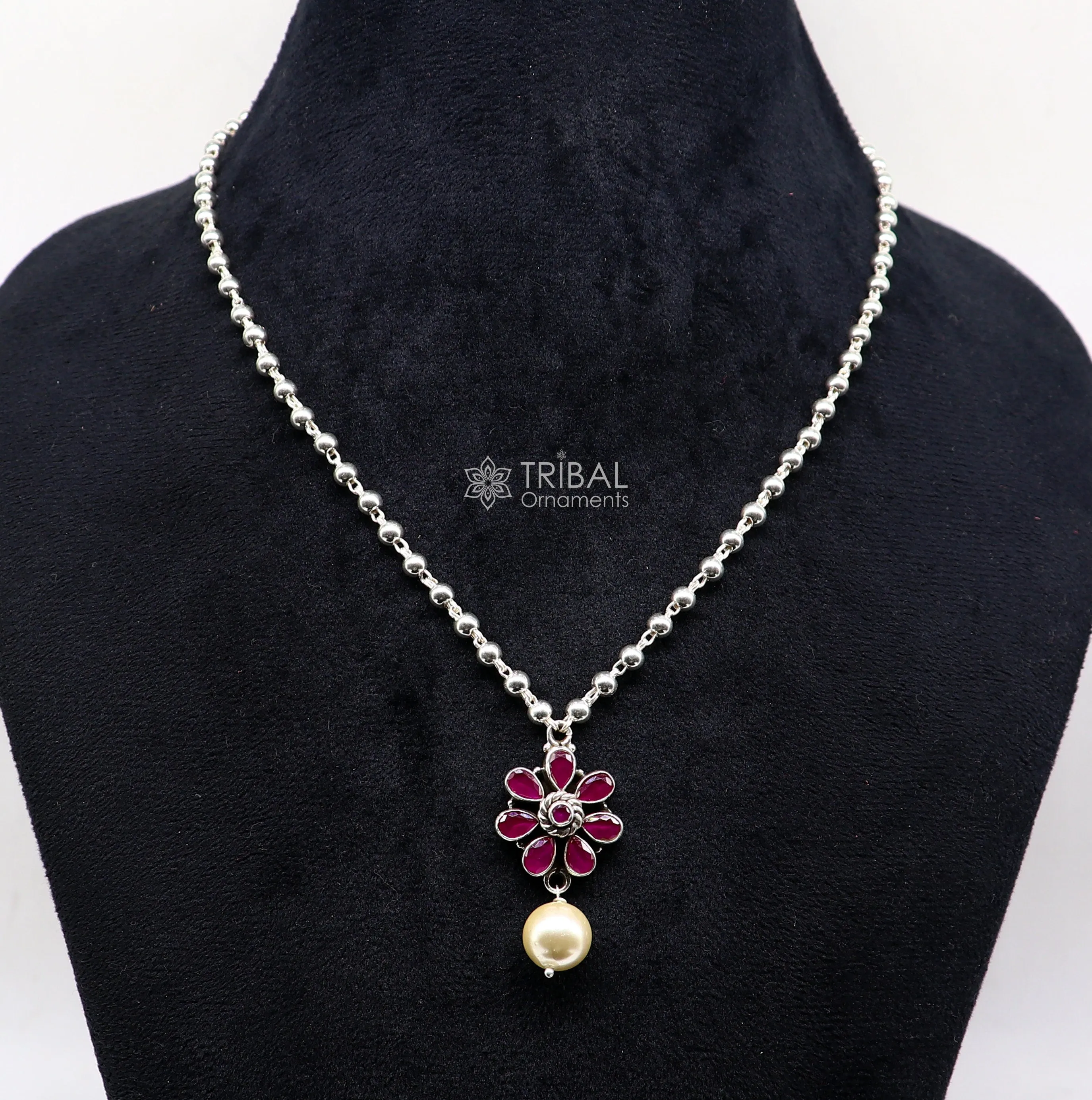 Traditional cultural trendy 925 sterling silver plain beads ball chain necklace with flower design pendant and hanging pearl jewelry set577