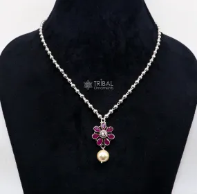 Traditional cultural trendy 925 sterling silver plain beads ball chain necklace with flower design pendant and hanging pearl jewelry set577