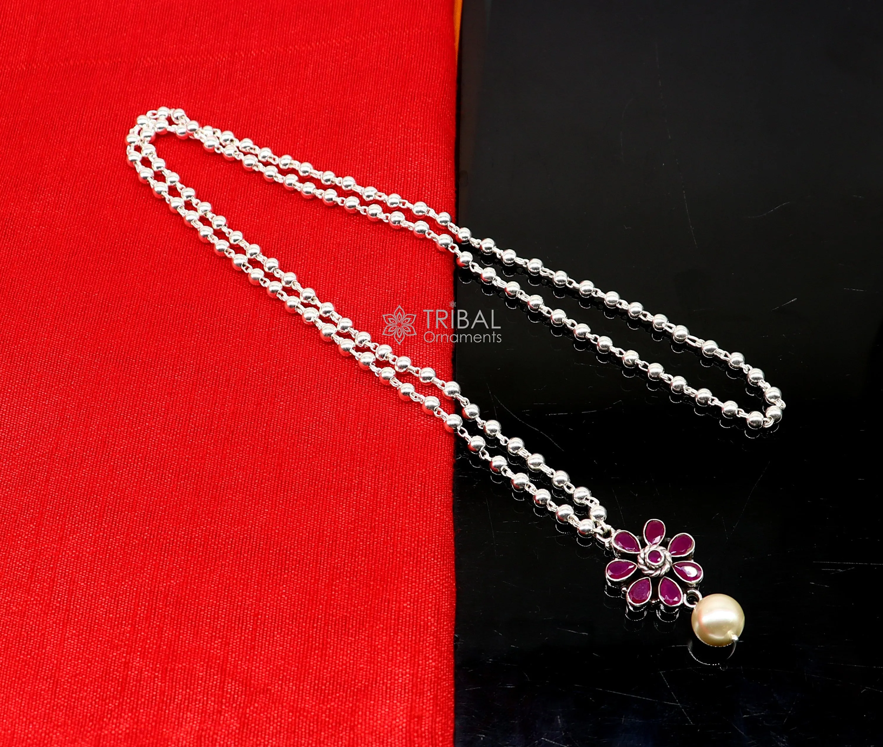 Traditional cultural trendy 925 sterling silver plain beads ball chain necklace with flower design pendant and hanging pearl jewelry set577