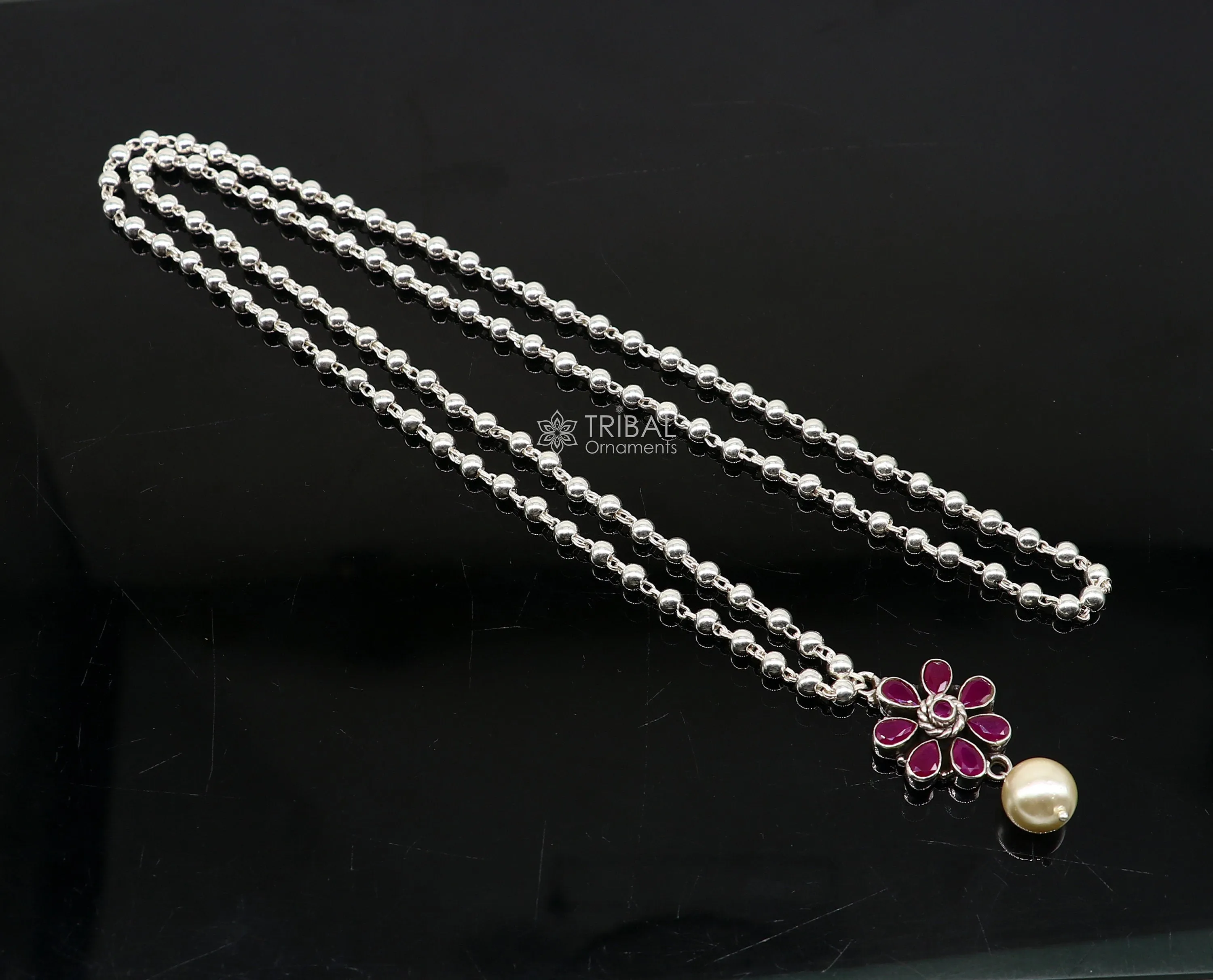 Traditional cultural trendy 925 sterling silver plain beads ball chain necklace with flower design pendant and hanging pearl jewelry set577