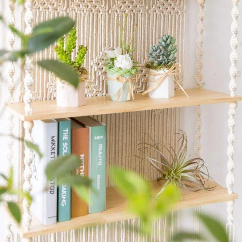 Tripel Plant Hanger Handmade Macrame Wooden Floating Shelf