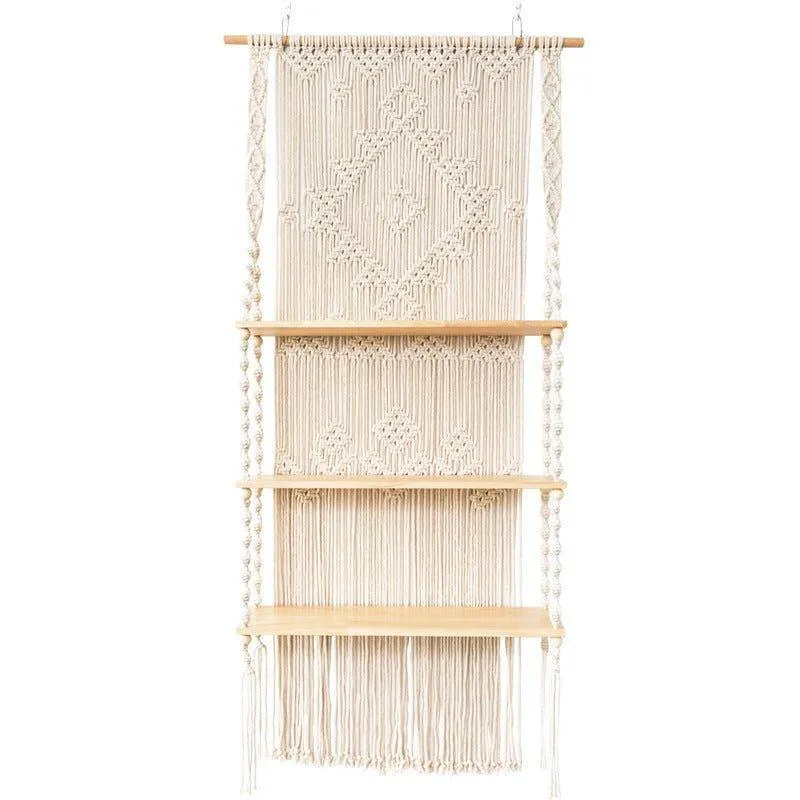 Tripel Plant Hanger Handmade Macrame Wooden Floating Shelf
