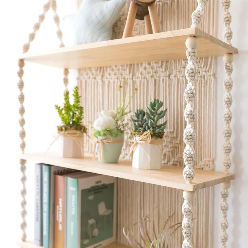 Tripel Plant Hanger Handmade Macrame Wooden Floating Shelf