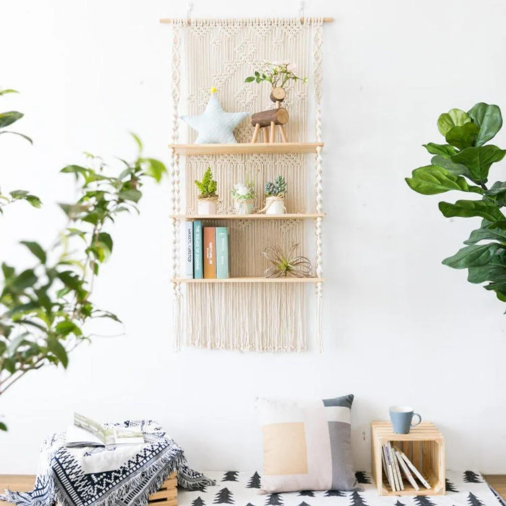 Tripel Plant Hanger Handmade Macrame Wooden Floating Shelf