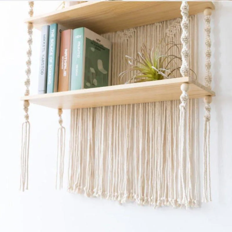 Tripel Plant Hanger Handmade Macrame Wooden Floating Shelf