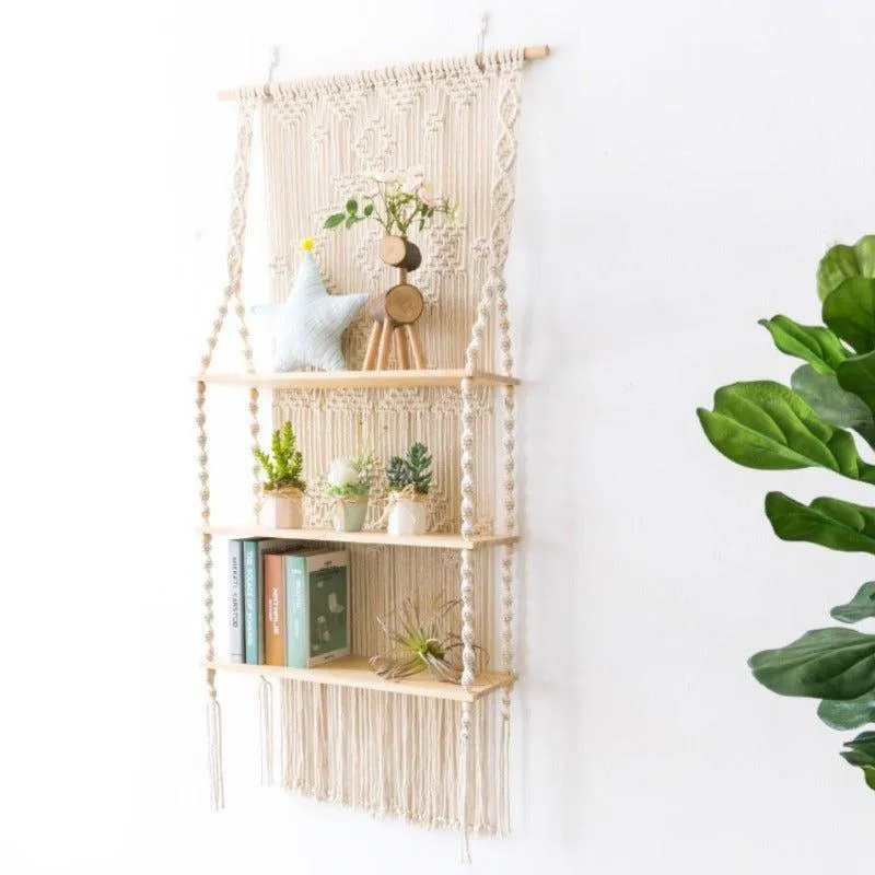 Tripel Plant Hanger Handmade Macrame Wooden Floating Shelf