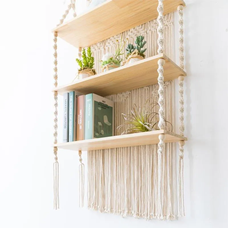 Tripel Plant Hanger Handmade Macrame Wooden Floating Shelf