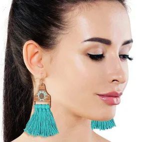 Turquoise Tassel Wooden Earrings
