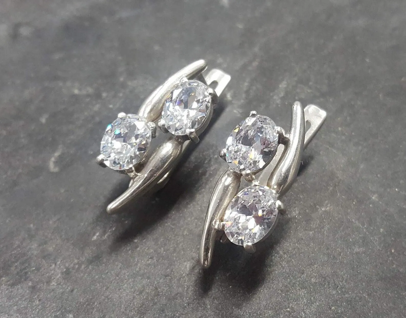 Two Stone Diamond Earrings - Sparkly Vintage Earrings - Clear Drop Earrings