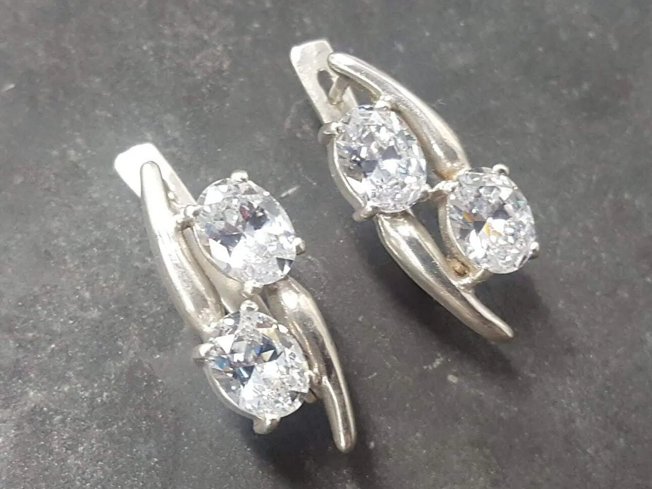 Two Stone Diamond Earrings - Sparkly Vintage Earrings - Clear Drop Earrings