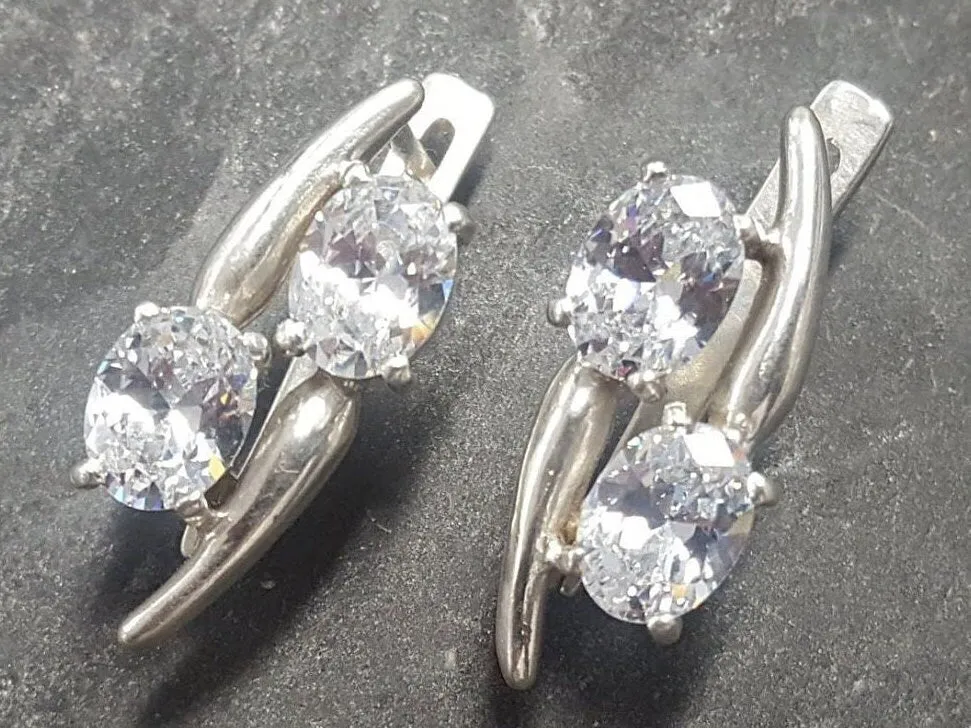 Two Stone Diamond Earrings - Sparkly Vintage Earrings - Clear Drop Earrings