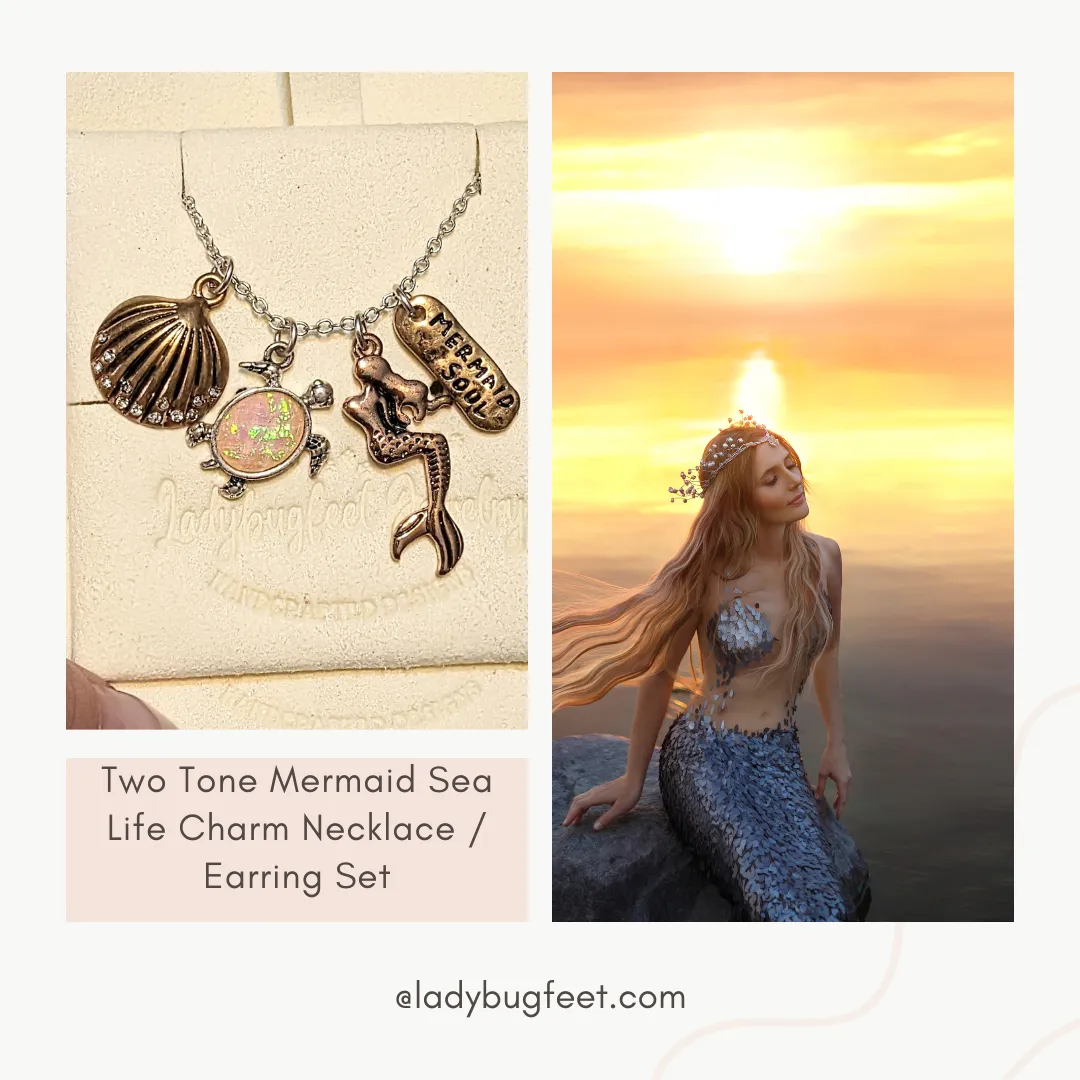 Two Tone Mermaid Sea Life Charm Necklace / Earring Set
