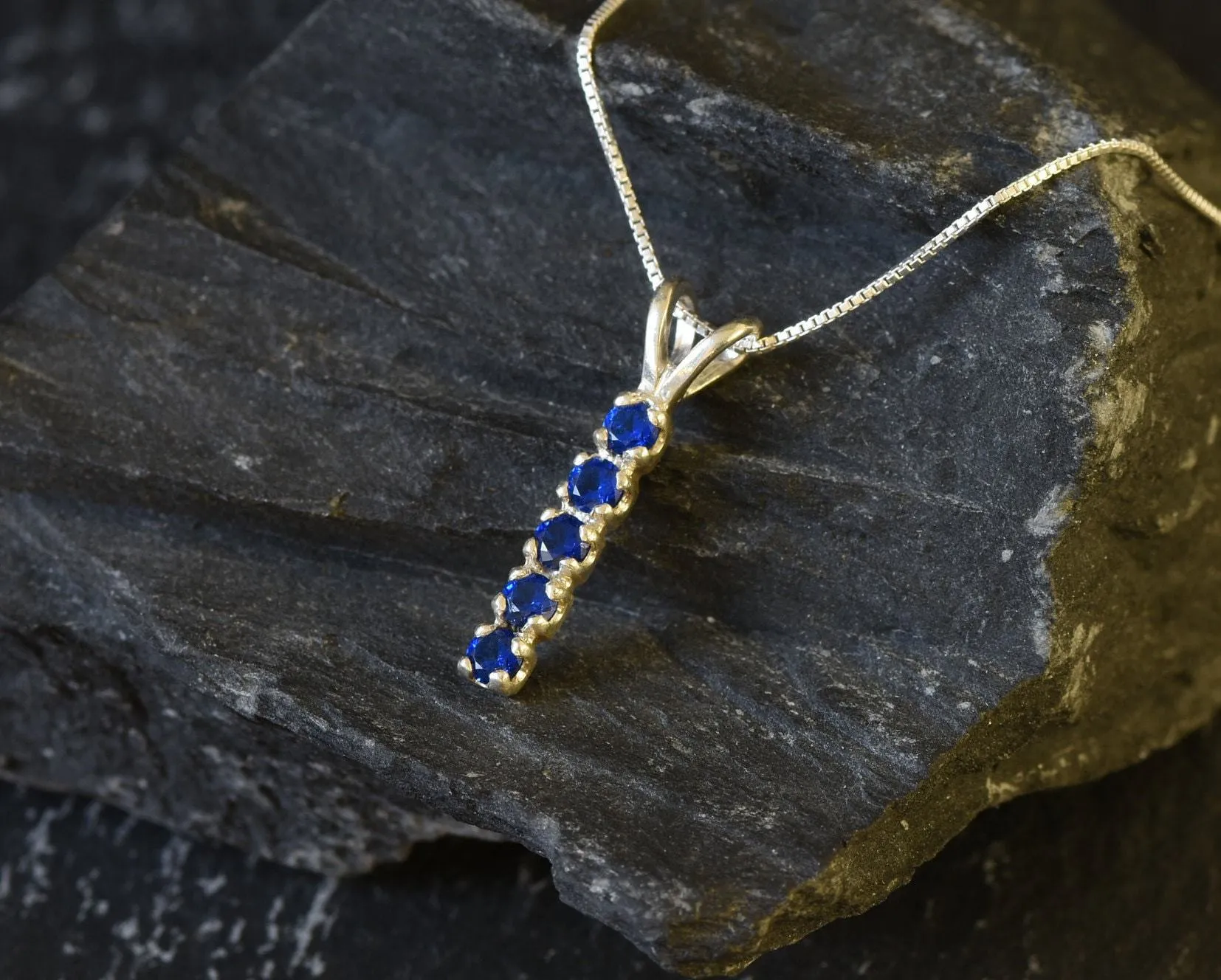 Vertical Sapphire Necklace - Blue Gemstone Pendant - Layering Necklace