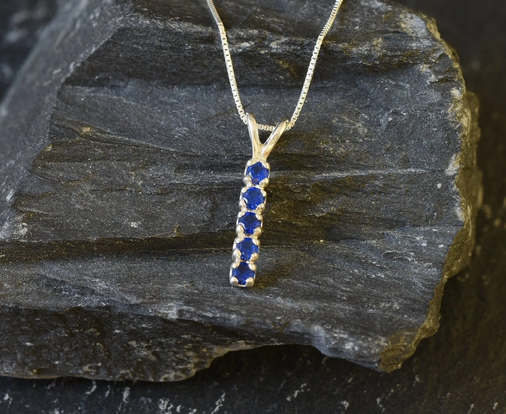 Vertical Sapphire Necklace - Blue Gemstone Pendant - Layering Necklace