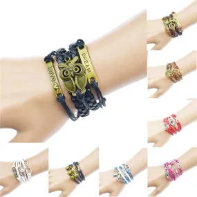 Vintage Multilayer Braided Men Bracelets Vintage Owl Dragon Infinity Charms Multicolor Woven Leather Bracelets Bangles Jewelry