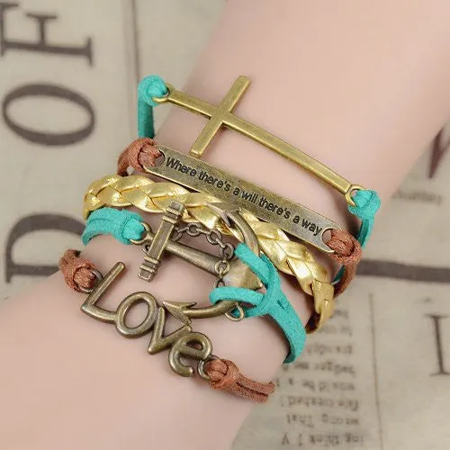Where There's a Will There's a Way Handmade Infinity Anchor Rudder Charm Bracelet Multilayer Woven Women Men Bracelet