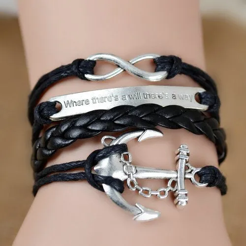 Where There's a Will There's a Way Handmade Infinity Anchor Rudder Charm Bracelet Multilayer Woven Women Men Bracelet