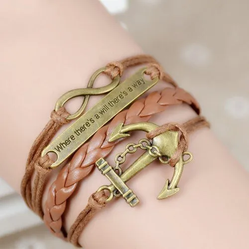 Where There's a Will There's a Way Handmade Infinity Anchor Rudder Charm Bracelet Multilayer Woven Women Men Bracelet