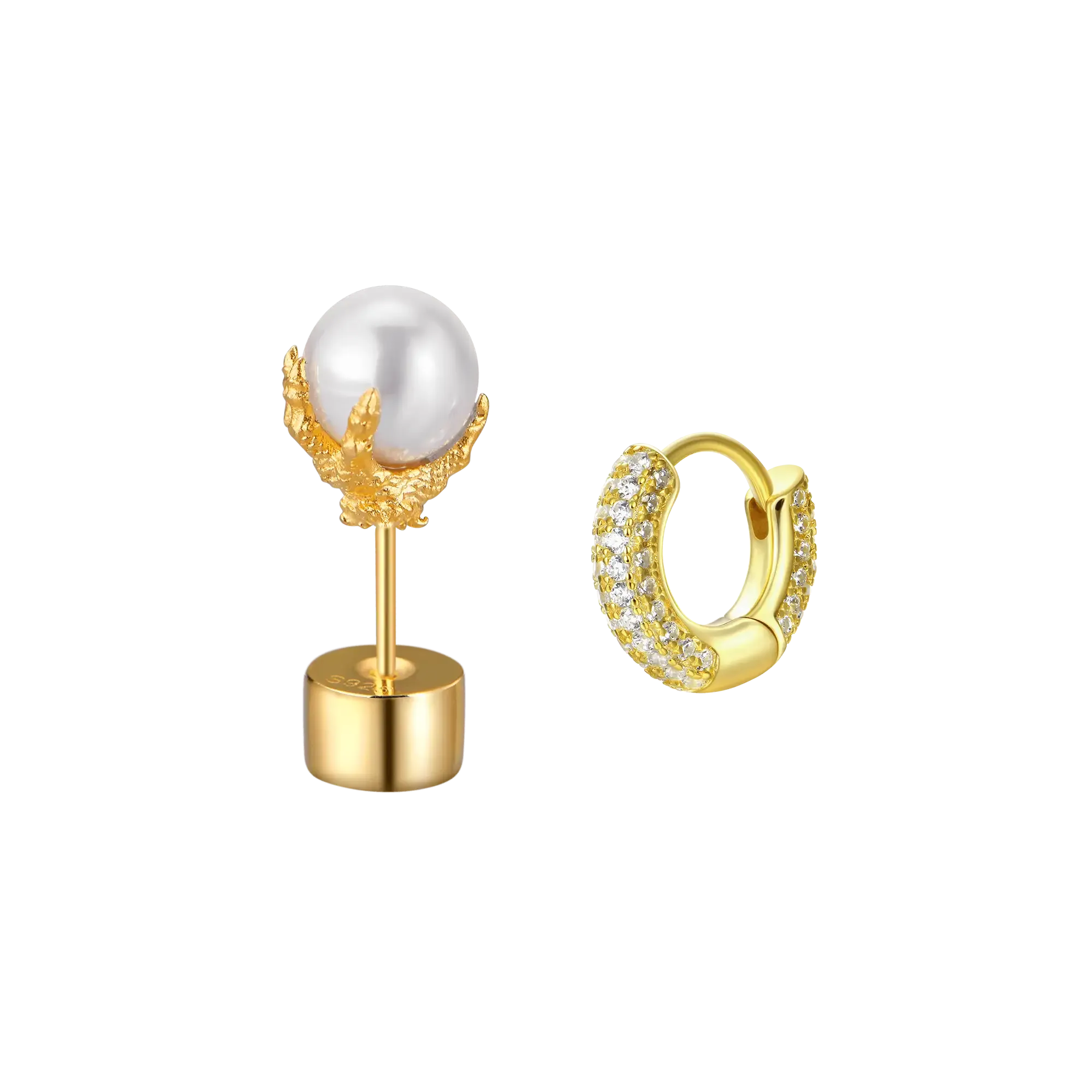 WONG Asymmetric Dragon Pearl Dangly and Hoop Earring Set