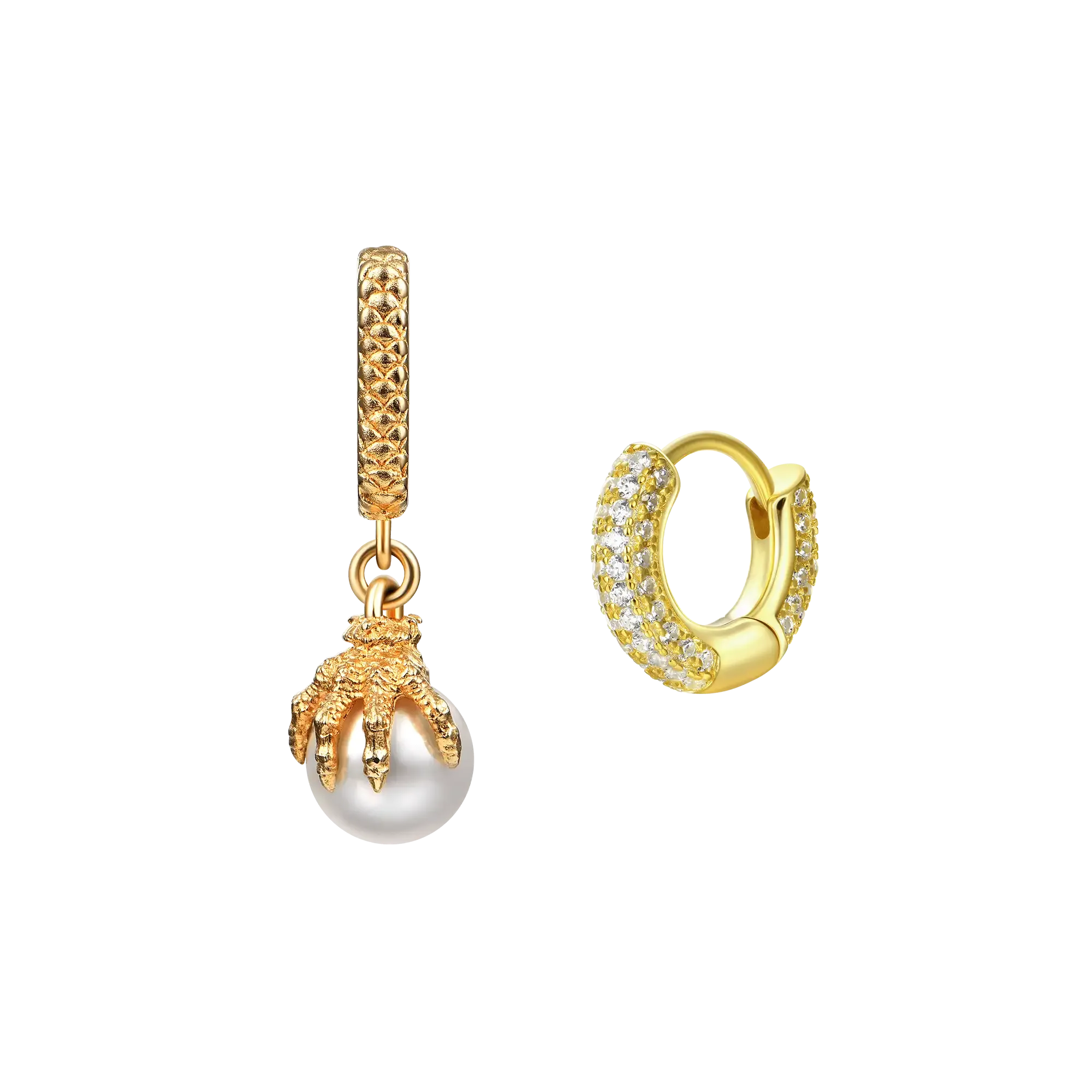 WONG Asymmetric Dragon Pearl Dangly and Hoop Earring Set